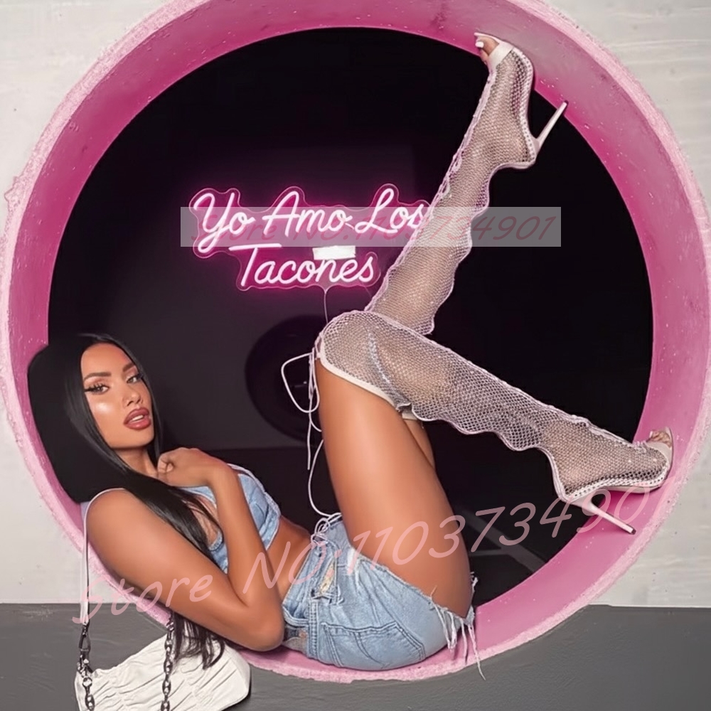 Fishnet Stocking Women - Netkous Dij-Hoge Laarzen Vrouwen Roze Kristallen
